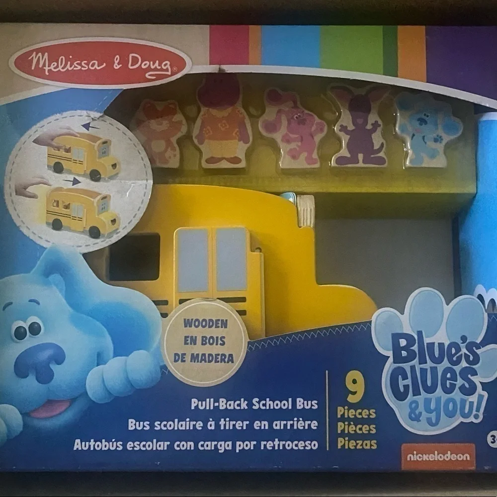 NIB-MELISSA & DOUG-BLUES CLUES & YOU-WOODEN PULL BACK SCHOOL BUS